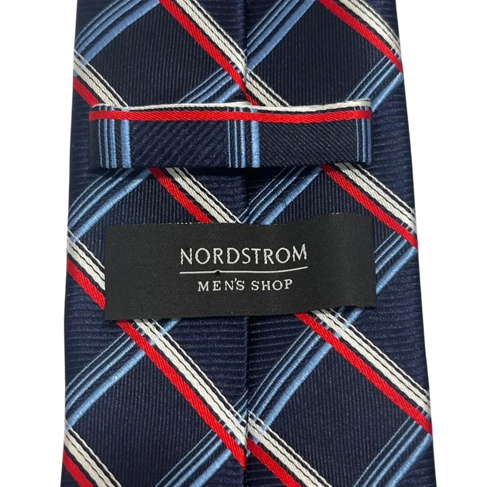Nordstrom Men's Shop Red White Blue‎ Classic Windowpane Check Silk Tie